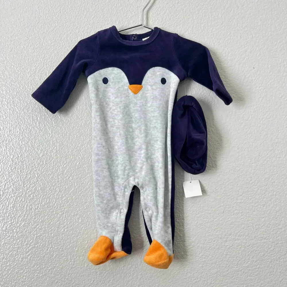 First Impressions Penguin Coverall One Piece With Hat purple gray baby costume